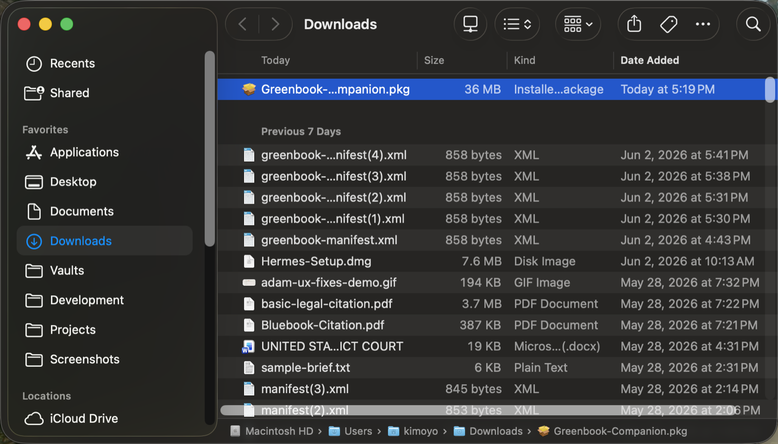 Downloads folder showing Greenbook-Companion.pkg