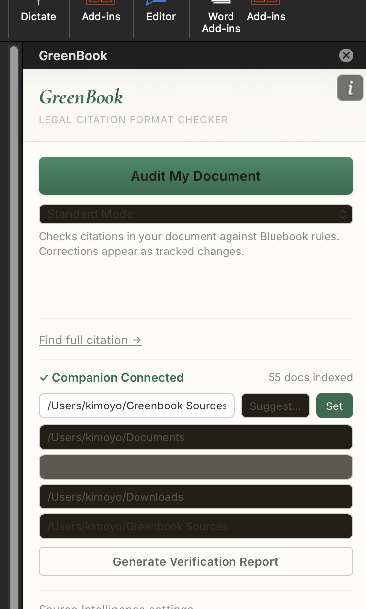 GreenBook panel showing Connected status